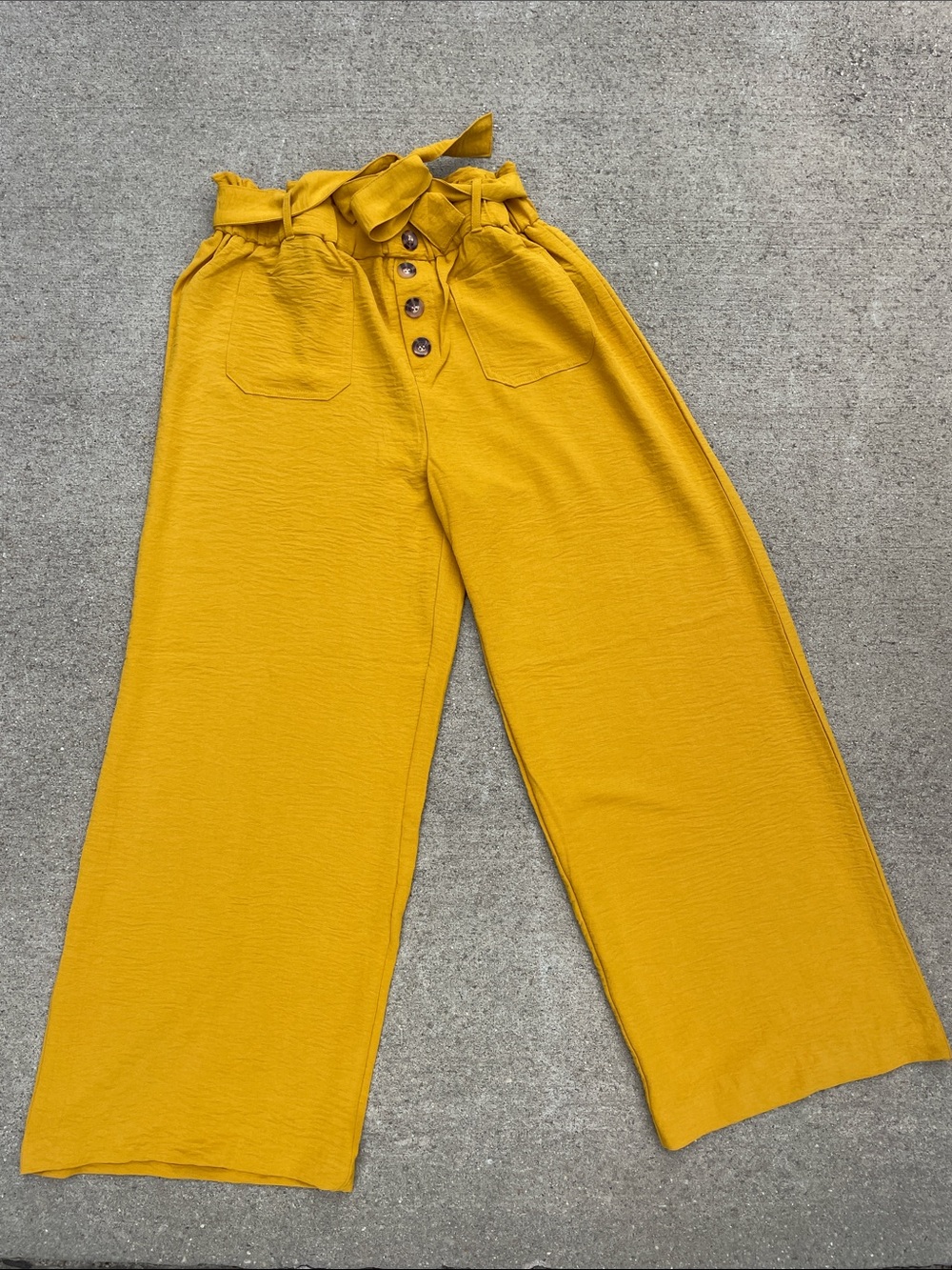 High-Rise Mustard Paperbag Waist Wide-Leg Cropped Pants